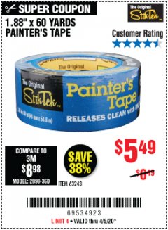 Harbor Freight Coupon STIKTEK 60 YD. X 1.88 IN. PAINTERS TAPE Lot No. 63243 Expired: 6/30/20 - $5.49