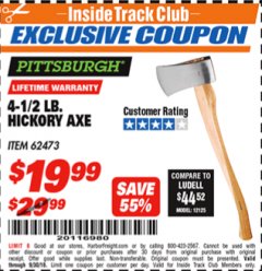 Harbor Freight ITC Coupon PITTSBURGH 4-1/2 LB. HICKORY AXE Lot No. 62473 Expired: 9/30/18 - $19.99