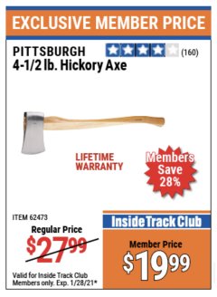 Harbor Freight ITC Coupon PITTSBURGH 4-1/2 LB. HICKORY AXE Lot No. 62473 Expired: 1/28/21 - $19.99