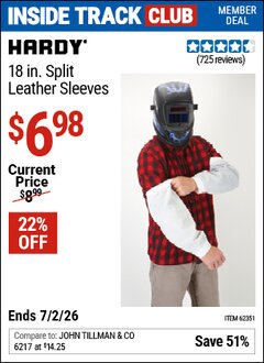 Harbor Freight ITC Coupon HARDY 18 IN. SPLIT LEATHER SLEEVES Lot No. 62351 Dates Valid: 12/31/69 - 7/2/26 - $6.98