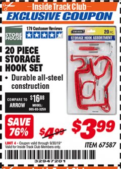 Harbor Freight ITC Coupon STOREHOUSE STORAGE HOOK SET, 20-PIECE Lot No. 67587 Expired: 9/30/19 - $3.99
