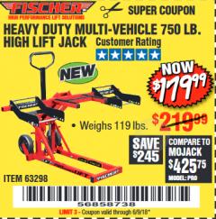 Harbor Freight Coupon FISCHER 750 LB. HEAVY DUTY ATV/MOWER HIGH-LIFT JACK Lot No. 63298 Expired: 6/9/18 - $179.99