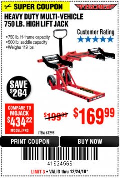 Harbor Freight Coupon FISCHER 750 LB. HEAVY DUTY ATV/MOWER HIGH-LIFT JACK Lot No. 63298 Expired: 12/24/18 - $169.99