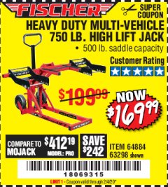 Harbor Freight Coupon FISCHER 750 LB. HEAVY DUTY ATV/MOWER HIGH-LIFT JACK Lot No. 63298 Expired: 2/4/20 - $169.99