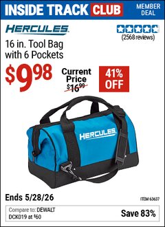 Harbor Freight Coupon HERCULES 16 IN. TOOL BAG WITH 6 POCKETS Lot No. 63637 Valid: 12/31/69 - 5/28/26 - $9.98
