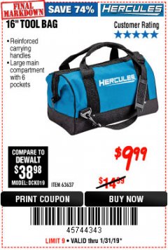 Harbor Freight Coupon HERCULES 16 IN. TOOL BAG WITH 6 POCKETS Lot No. 63637 Expired: 1/31/19 - $9.99