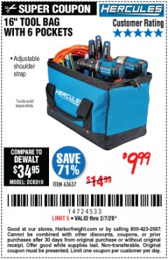 Harbor Freight Coupon HERCULES 16 IN. TOOL BAG WITH 6 POCKETS Lot No. 63637 Expired: 2/7/20 - $9.99