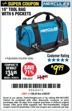 Harbor Freight Coupon HERCULES 16 IN. TOOL BAG WITH 6 POCKETS Lot No. 63637 Expired: 6/30/20 - $9.99