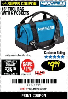 Harbor Freight Coupon HERCULES 16 IN. TOOL BAG WITH 6 POCKETS Lot No. 63637 Expired: 6/30/20 - $9.99