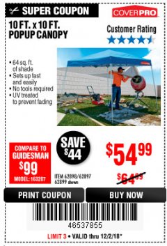 Harbor Freight Coupon COVERPRO 10 FT. X 10 FT. SLANT-LEG POP-UP CANOPY Lot No. 62899 Expired: 12/2/18 - $54.99