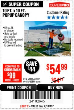 Harbor Freight Coupon COVERPRO 10 FT. X 10 FT. SLANT-LEG POP-UP CANOPY Lot No. 62899 Expired: 2/10/19 - $54.99