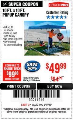 Harbor Freight Coupon COVERPRO 10 FT. X 10 FT. SLANT-LEG POP-UP CANOPY Lot No. 62899 Expired: 3/17/19 - $49.99