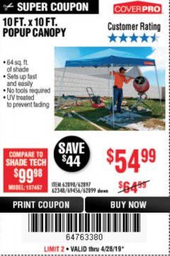 Harbor Freight Coupon COVERPRO 10 FT. X 10 FT. SLANT-LEG POP-UP CANOPY Lot No. 62899 Expired: 4/28/19 - $54.99
