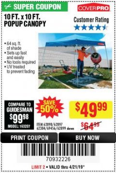 Harbor Freight Coupon COVERPRO 10 FT. X 10 FT. SLANT-LEG POP-UP CANOPY Lot No. 62899 Expired: 4/21/19 - $49.99