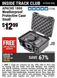 Harbor Freight FREE Coupon APACHE 1800 WEATHERPROOF PROTECTIVE CASE, SMALL, BLACK Lot No. 64550 Expired: 3/15/21 - FWP