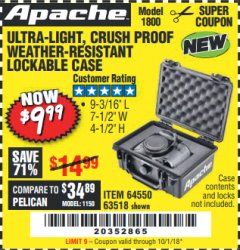 Harbor Freight Coupon APACHE 1800 WEATHERPROOF PROTECTIVE CASE, SMALL, BLACK Lot No. 64550 Expired: 10/1/18 - $9.99