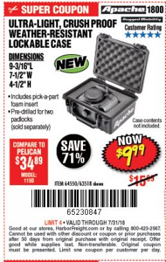 Harbor Freight Coupon APACHE 1800 WEATHERPROOF PROTECTIVE CASE, SMALL, BLACK Lot No. 64550 Expired: 7/31/18 - $9.99