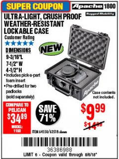 Harbor Freight Coupon APACHE 1800 WEATHERPROOF PROTECTIVE CASE, SMALL, BLACK Lot No. 64550 Expired: 8/6/18 - $9.99