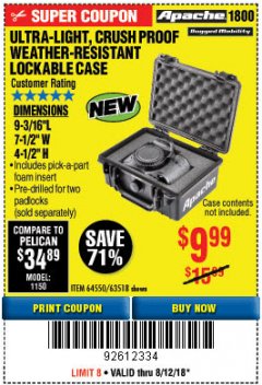 Harbor Freight Coupon APACHE 1800 WEATHERPROOF PROTECTIVE CASE, SMALL, BLACK Lot No. 64550 Expired: 8/13/18 - $9.99