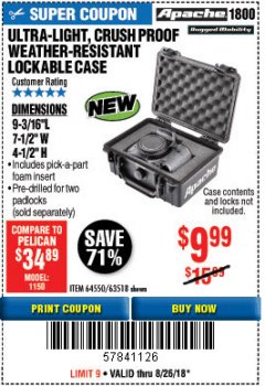 Harbor Freight Coupon APACHE 1800 WEATHERPROOF PROTECTIVE CASE, SMALL, BLACK Lot No. 64550 Expired: 8/26/18 - $9.99