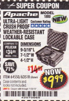 Harbor Freight Coupon APACHE 1800 WEATHERPROOF PROTECTIVE CASE, SMALL, BLACK Lot No. 64550 Expired: 11/30/18 - $9.99