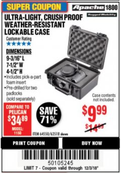Harbor Freight Coupon APACHE 1800 WEATHERPROOF PROTECTIVE CASE, SMALL, BLACK Lot No. 64550 Expired: 12/3/18 - $9.99