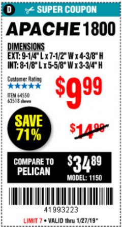 Harbor Freight Coupon APACHE 1800 WEATHERPROOF PROTECTIVE CASE, SMALL, BLACK Lot No. 64550 Expired: 1/27/19 - $9.99