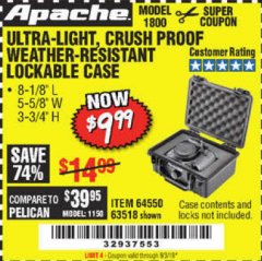 Harbor Freight Coupon APACHE 1800 WEATHERPROOF PROTECTIVE CASE, SMALL, BLACK Lot No. 64550 Expired: 9/3/19 - $9.99