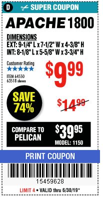 Harbor Freight Coupon APACHE 1800 WEATHERPROOF PROTECTIVE CASE, SMALL, BLACK Lot No. 64550 Expired: 6/30/19 - $9.99