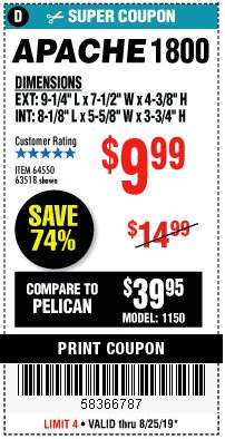 Harbor Freight Coupon APACHE 1800 WEATHERPROOF PROTECTIVE CASE, SMALL, BLACK Lot No. 64550 Expired: 8/25/19 - $9.99