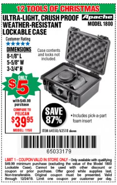 Harbor Freight Coupon APACHE 1800 WEATHERPROOF PROTECTIVE CASE, SMALL, BLACK Lot No. 64550 Expired: 12/24/19 - $5