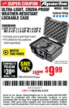 Harbor Freight Coupon APACHE 1800 WEATHERPROOF PROTECTIVE CASE, SMALL, BLACK Lot No. 64550 Expired: 3/1/20 - $9.99