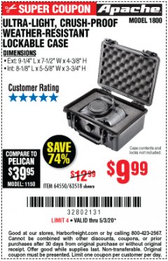 Harbor Freight Coupon APACHE 1800 WEATHERPROOF PROTECTIVE CASE, SMALL, BLACK Lot No. 64550 Expired: 6/30/20 - $9.99
