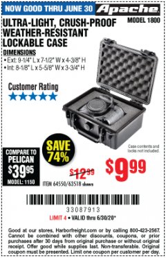 Harbor Freight Coupon APACHE 1800 WEATHERPROOF PROTECTIVE CASE, SMALL, BLACK Lot No. 64550 Expired: 6/30/20 - $9.99