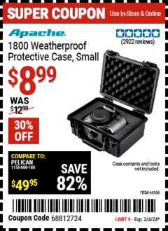 Harbor Freight Coupon APACHE 1800 WEATHERPROOF PROTECTIVE CASE, SMALL, BLACK Lot No. 64550 Expired: 2/4/24 - $8.99