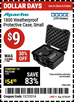 Harbor Freight Coupon APACHE 1800 WEATHERPROOF PROTECTIVE CASE, SMALL, BLACK Lot No. 64550 Expired: 9/18/24 - $9