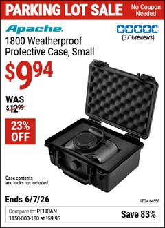 Harbor Freight Coupon APACHE 1800 WEATHERPROOF PROTECTIVE CASE, SMALL, BLACK Lot No. 64550 Expired: 6/7/26 - $9.94