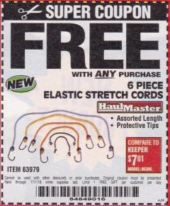 Harbor Freight FREE Coupon HAUL-MASTER ASSORTED LENGTH ELASTIC STRETCH CORDS, 6-PIECE Lot No. 63979 Expired: 7/11/18 - FWP