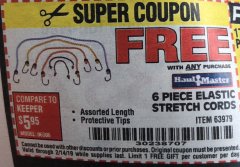 Harbor Freight FREE Coupon HAUL-MASTER ASSORTED LENGTH ELASTIC STRETCH CORDS, 6-PIECE Lot No. 63979 Expired: 2/14/19 - FWP