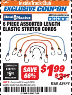 Harbor Freight ITC Coupon HAUL-MASTER ASSORTED LENGTH ELASTIC STRETCH CORDS, 6-PIECE Lot No. 63979 Expired: 2/29/20 - $1.99