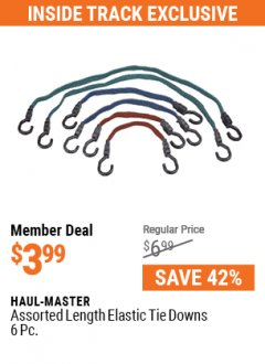 Harbor Freight ITC Coupon HAUL-MASTER ASSORTED LENGTH ELASTIC STRETCH CORDS, 6-PIECE Lot No. 63979 Expired: 5/31/21 - $3.99