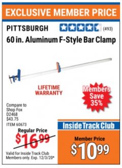 Harbor Freight ITC Coupon PITTSBURGH 60 IN. ALUMINUM F-STYLE BAR CLAMP Lot No. 60673 Expired: 12/3/20 - $10.99