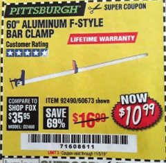 Harbor Freight Coupon PITTSBURGH 60 IN. ALUMINUM F-STYLE BAR CLAMP Lot No. 60673 Expired: 11/5/19 - $10.99