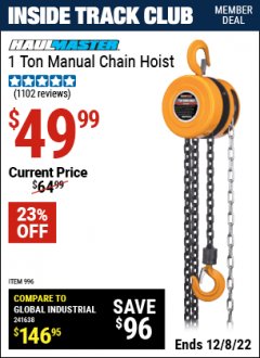 Harbor Freight ITC Coupon HAUL-MASTER 1 TON MANUAL CHAIN HOIST Lot No. 996 Expired: 12/8/22 - $49.99