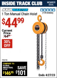Harbor Freight ITC Coupon HAUL-MASTER 1 TON MANUAL CHAIN HOIST Lot No. 996 Expired: 4/27/23 - $44.99