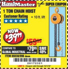 Harbor Freight Coupon HAUL-MASTER 1 TON MANUAL CHAIN HOIST Lot No. 996 Expired: 10/1/18 - $39.99