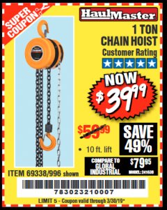 Harbor Freight Coupon HAUL-MASTER 1 TON MANUAL CHAIN HOIST Lot No. 996 Expired: 3/30/19 - $39.99