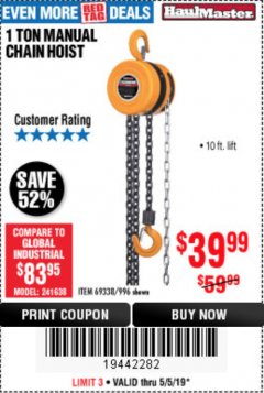 Harbor Freight Coupon HAUL-MASTER 1 TON MANUAL CHAIN HOIST Lot No. 996 Expired: 5/5/19 - $39.99