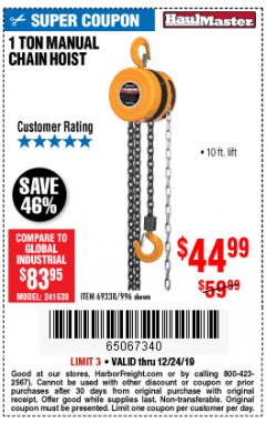 Harbor Freight Coupon HAUL-MASTER 1 TON MANUAL CHAIN HOIST Lot No. 996 Expired: 12/24/19 - $44.99