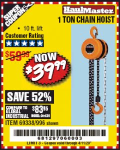 Harbor Freight Coupon HAUL-MASTER 1 TON MANUAL CHAIN HOIST Lot No. 996 Expired: 6/30/20 - $39.99
